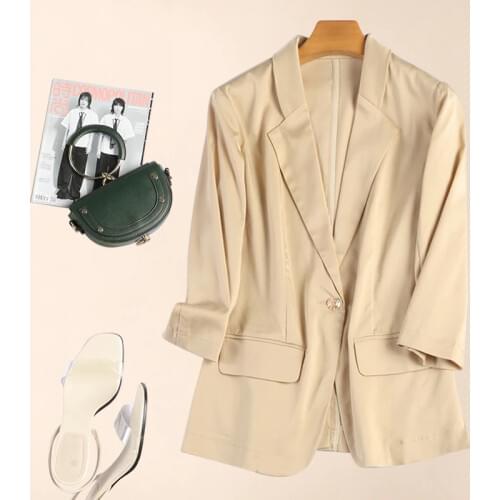 Fashion womens Tencel blazer womens summer thin 2020 new mid-length chic linen cotton casual small suit jacket autumn