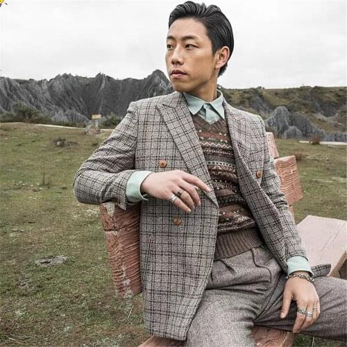 Mens Suit Top Coat V-Neck Plaid Singal-Breasted Fashion Home Casual Style 2021 Winter