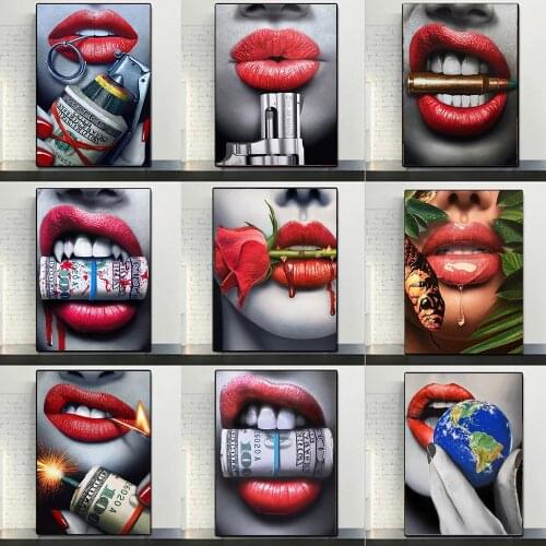 Red Sexy Lips And Dollar Gun Bullet Art Posters Paintings for Interior Decor Canvas Wall Paintings Money Prints for Living Room