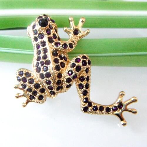 Navachi Frog Toad Black-purple Crystal Rhinestones Yellow GP Brooch Pin SMT7795