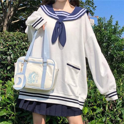 Japanese Preppy Style New Oversized Sweatshirt Sweet Sailor Collar Bow Cute Rabbit Ears Full Sleeve Fleece Keep Warm Sweatshirt
