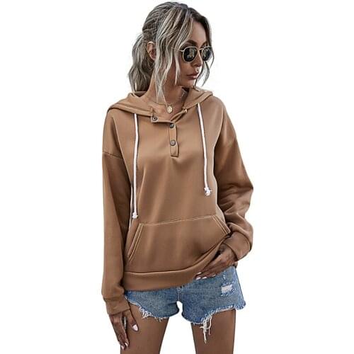 Solid Drawstring Hooded Tops Womens Autumn Long Sleeve Pocket Button Decoration Ladies Casual Streetwear Hoodies Sweatshirt