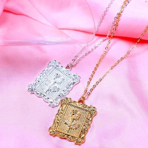 Punk Hip-hop Rose Flower Square Pendant Necklace For Women Gold Silver Color Long Chain Necklaces Fashion Personality Jewelry