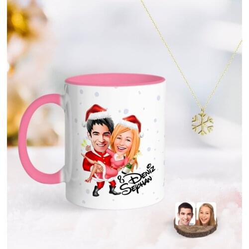 Personalized New Year Valentine Caricature Of Pink mug And Snow Them Kolye-2
