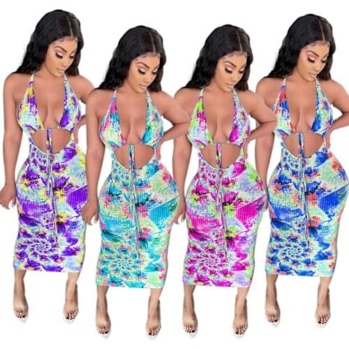 Echoine Ribbed Tie Dye Print Lace Up Trap Sexy Dress Ladies Sexy Bodycon Backless Skinny Party Club Dresses Vintage Vestidos