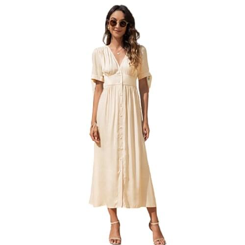 Women Apricot Maxi Dress Summer Short Sleeve V-Neck Long Dress Button High Waist Ladies Elegant A-Line Dresses Office Clothes