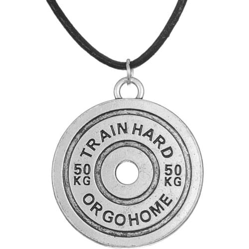 Antique Silver Plated Alloy Bodybuilding Fitness 50KG Train Hard Or Go Home Weight Plate Necklaces