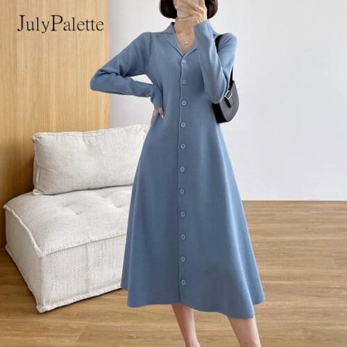 JulyPalette Casual Single-breasted Long Sleeve Sweater Dress Chic Ladies Notched Collar A-line Knitting Long Dress Autumn Winter