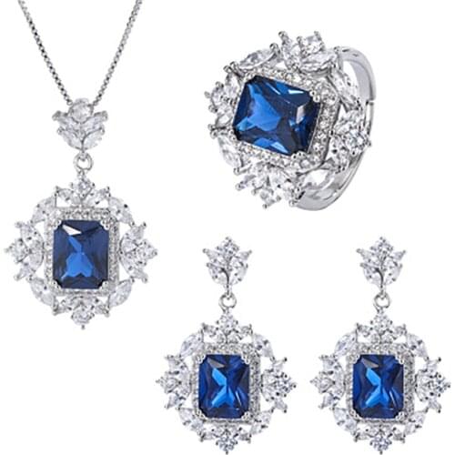 Vintage 100% 925 Real Silver Moissanite Sapphire Tanzanite Gemstone Earrings/Rings/Necklace Wedding Fine Jewelry Sets for Women
