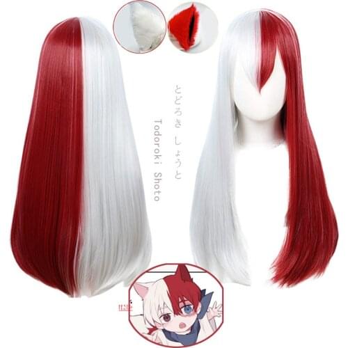 My Hero Academia Shoto Todoroki Cosplay Long Red White Wig Ear Hairpin Boku No Hero Academia Free Wig Cap Halloween Party Girls