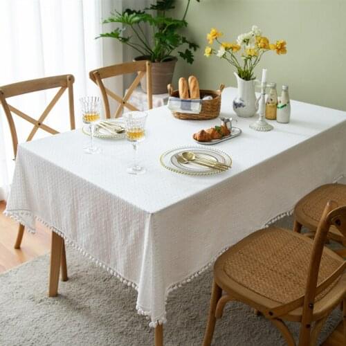 French Cotton Pure White Tablecloth Jacquard Geometric Dotted Ball of Wool Rectangular Tablecloth Coffee Table Table Cloth Cover
