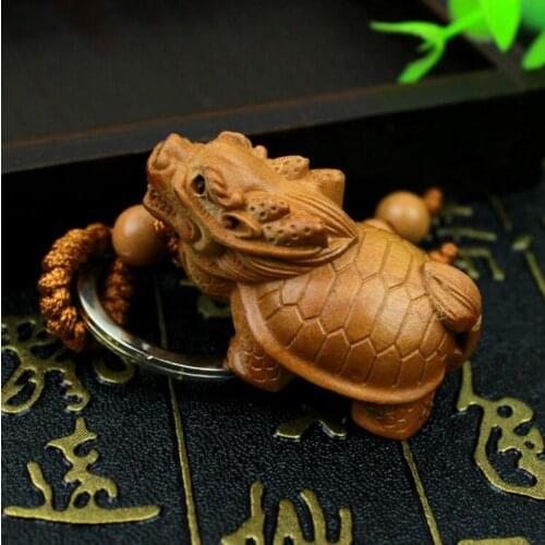 Dragon Turtle Statue Wood 3D Carved Chinese Wealth Sculpture Pendant Key Chain