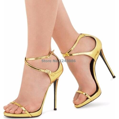 Gold Patent Leather Thin High Heel Banquet Shoes Open Toe Metallic Colors Single Strap Stiletto Heel Sandals Sexy Women Shoes