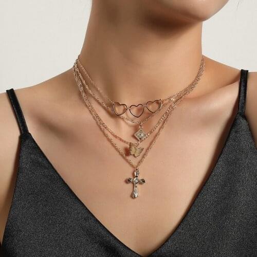 Vintage Multilayer Heart Butterfly Cross Pendant Necklaces for Women Fashion Elegant Geometric Sweater Chains Necklace Jewelry