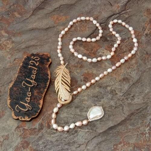 YYGEM 37''CZ pave gold color plated leaf Connector Natural Multi Color Baroque Pearl long Necklace sweater chain necklace