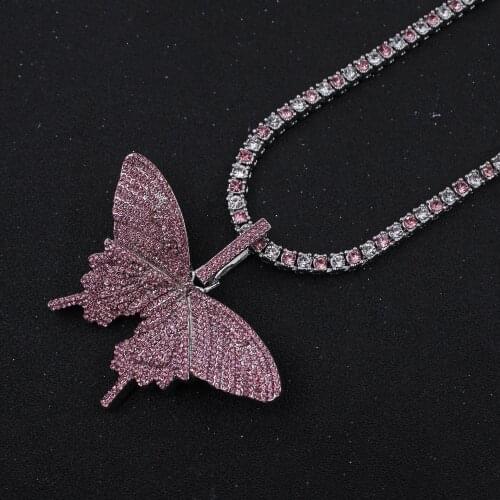 Pink Mixed Blue Crystal Necklace 1 Row Tennis Chain with Big Butterfly Charm Womens Pendant Hip Hop Iced Out Bling Rap Jewelry