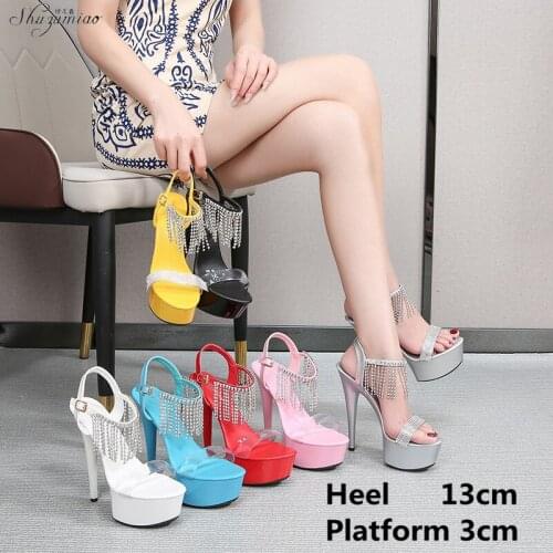 Womens Pole Dancing Shoes Nightclub Super High Heels 13 CM Stiletto Platform Transparent Rhinestone Sandals for Show Ladies LFD