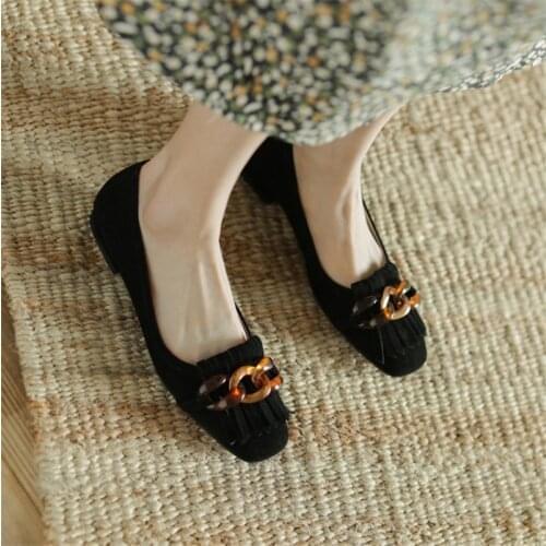 2021 Spring New Women Single Shoes Cow Suede Solid Color Square Toe Low-heel Fashion Tassel Shallow Mouth Shoes Item No.DQ1091
