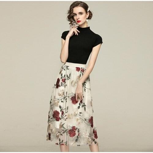 Women Elegant Mesh Suit Slim Knitting Short Sleeve Top + Elastic Waist Chic Rose Embroidery Skirt Lady Casual Two Piece Set