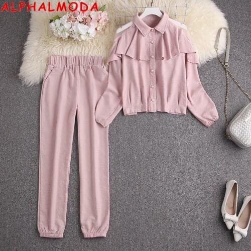 ALPHALMODA New Ruffled Mesh Patchwork Cute Women Corduroy Shirt + Pants 2pcs Casual Set Female Solid Color