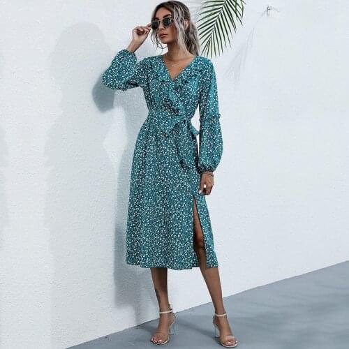 Boho Style Floral Print Split Long Dress Women V Neck Ruffles Sashes Loose Ladies Dresses 2021Autumn Office Sundress Ropa Mujer