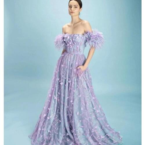 Pretty Floral Lace Bridal Dresses 2021 Feather 3D Flower A-line Long Formal Event Party Dresses Colored Long Gowns Robe