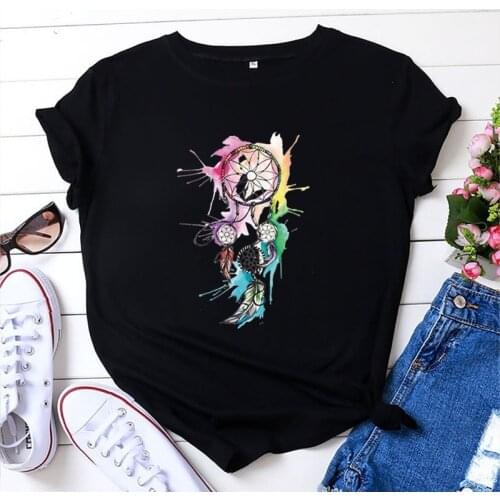 100% Cotton Summer Women Tshirt Short Sleeve Colorful Dreamcatcher Print Oversized Female Graphic Vintage Clothes Casual Tee Top