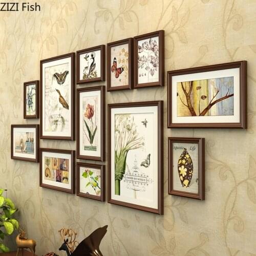 12 Pcs/set HD Picture Family Photos Hanging Ornament Brown Pine Solid Wood Photo Frame Wall Ornaments American Rustic Home Decor