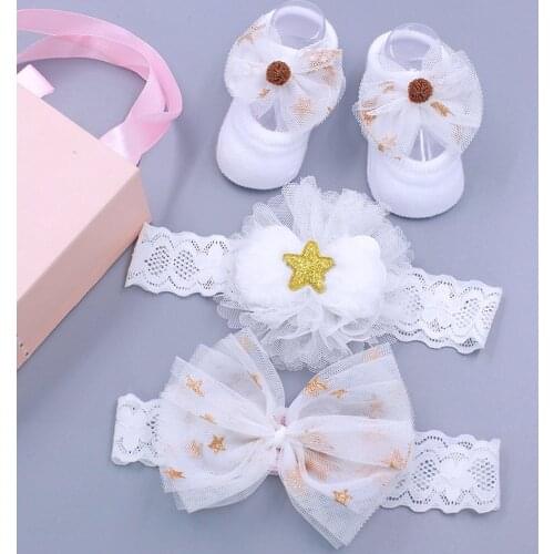 3Pcs/Set Star Lace Baby Headband Socks Set Flower Bowknot Newborn Baby Girls Hairband Turban Baby Hair Accessories Gift