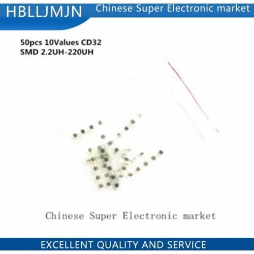 50pcs 10Values CD32 SMD Power Inductor Assortment Kit 2.2UH-220UH Chip Inductors High Quality CD32 Wire Wound Chip