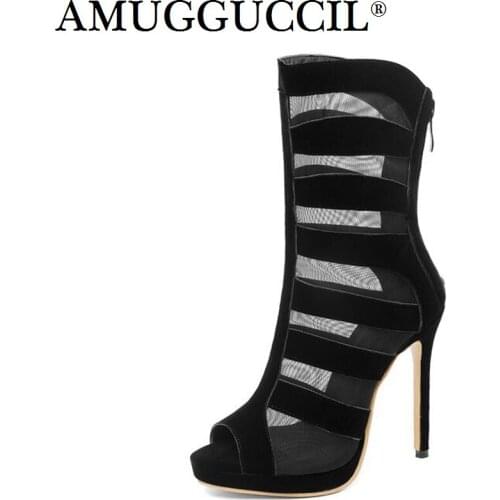 Plus Big Size 28-54 Black Red Zip Lace Up Fashion High Heel Platform Females Lady Sandals Ankle Women Summer Boots L994