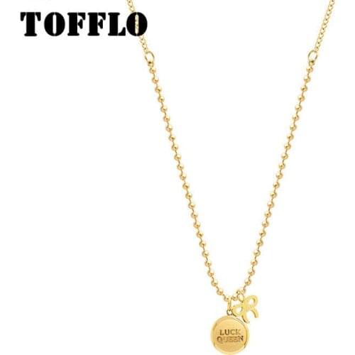 TOFFLO Stainless Steel Jewelry Lucky Queen Bow Little Golden Bean Pendant Sweater Necklace BSP840