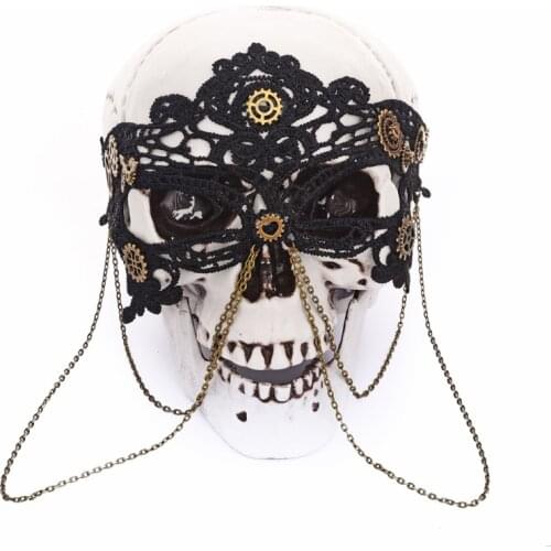 Retro Steampunk Black Lace Chains Eye Mask Party Masks For Masquerade Halloween Venetian Costumes Carnival Gears Mask Gothic