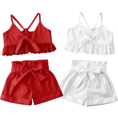 1-5Y Infant Baby Kids Girl Clothes 2020 Summer Sleeveless Sling Vest Lace Tops+Bowknot Shorts 2pcs Outfits