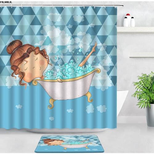 FILMILIL Cartoon Bathing Pig Children Shower Curtains Bath Mats Set Animals Footprint Home Bathroom Decor Door Pad Non-slip Rugs