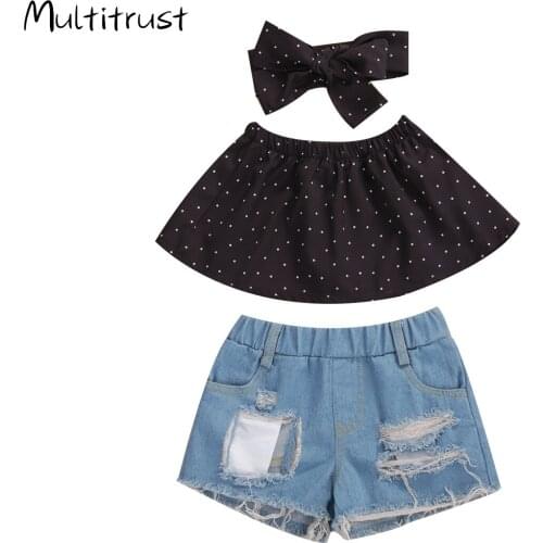 3-7Y Toddler Baby Girl 2020 Summer New Dot Prins Off Shoulder Top+Hole Denim shorts +Headband 3pcs Outfit Stylish suit