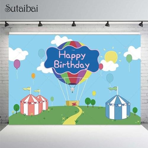 Happy Birthday Party Backdrop Hot Air Balloon Pig Camping House Photography Background Photo Booth for Kids Boys Baby Shower