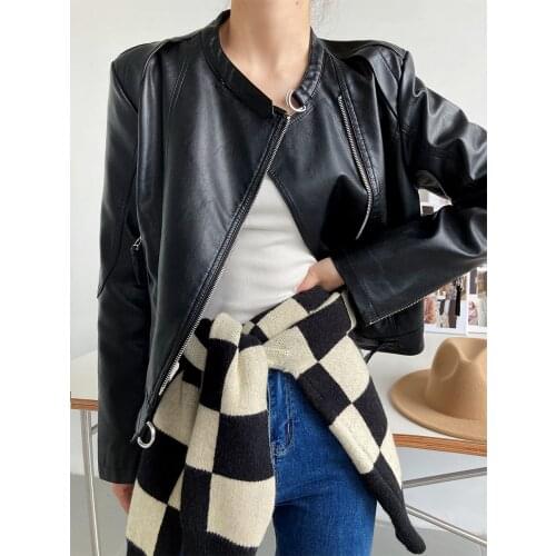 HXJJP Korean Fashion Short Faux Leather Jacket Womens Loose Locomotive PU Leather Casual Black Coat
