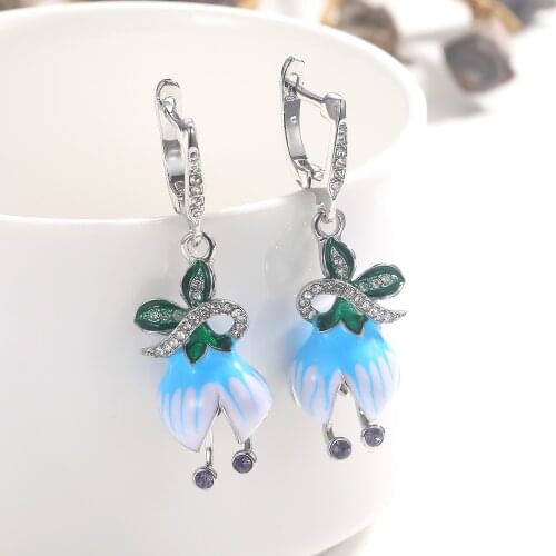 Exquisite Silver Jewelry Bud Flowers Dangle Drop Earrings for Women Ladies Temperament Wedding Party Earring Hadnmade Enamel