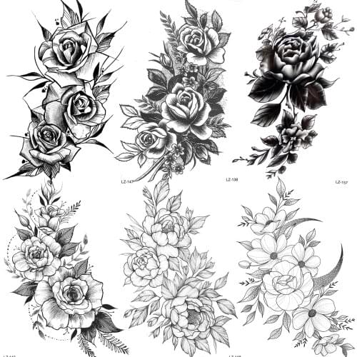 Pencil Sketch Flower Temporary Tattoos For Women Girls Waterproof Tatoos Realistic Fake Rose Peony Lotus Tatoos Sexy Body Art 3D