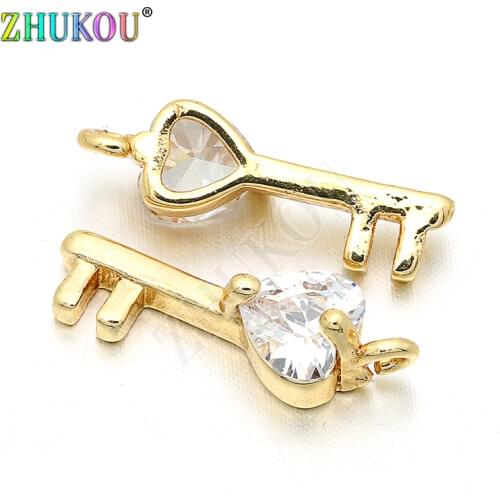 5*16mm Brass Cubic Zirconia Key with Crystal Love Heart Charms Pendants DIY Jewelry Findings Accessories, Model: VD128
