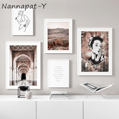 Morocco Mosque Palace Woman Line Wall Art Printed Canvas Painting Nordic Poster Landscape Wall Pictures Living Room Decoration