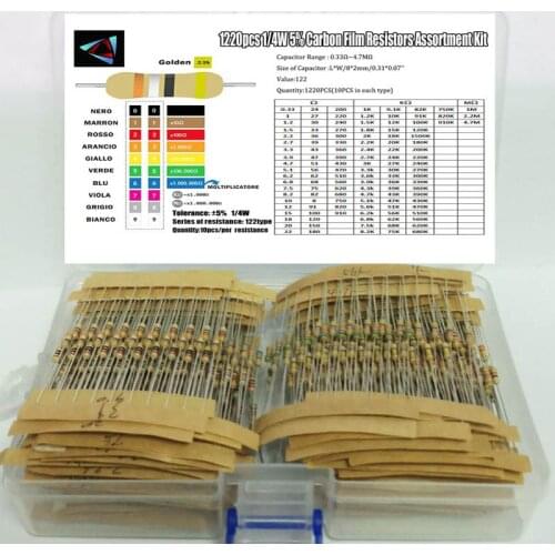1220Pcs Resistor Kit 1/4W 5% 0.33 Ohm - 4.7M Ohm 122values X 10pcs Resistencias Resistor Pack Carbon Film Resistors Set Box