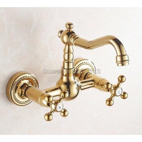 Wall Mounted Polished Gold Color Brass Kitchen Sink Swivel Spout Faucet / Bathroom Basin Dual Cross Handles Mixer Taps Wgf019