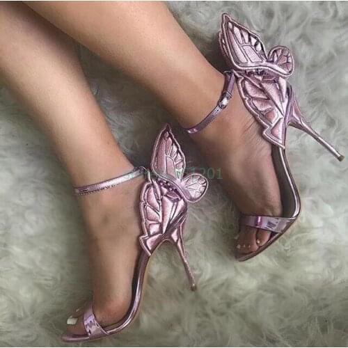 Newest Butterfly Wings Sandals High Quality Stiletto Red Purple Party Dress Open Toe Buckle High Heels Dress Shoes Lady