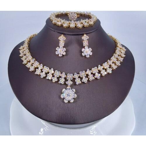 2020 new fashion vintage crystal flower CZ zircon necklace earring bracelet ring wedding bride Banquet dressing jewelry set