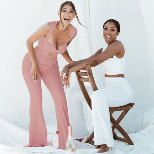 Womens 2021 new fashion sexy slim fitting navel revealing vest high waist buttock elastic wide leg pants casual suit