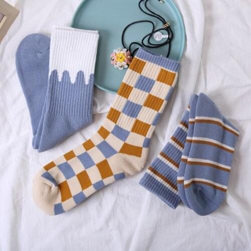 New Fashion Plaid Stripe Short Couples Socks Autumn Winter Thicken Terry Bottom Warm Cotton Hip-hop Street Tide Socks Women Men