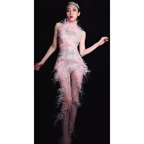 New Design Pink Feather Perspective Mesh Jumpsuit Birthday Celebrate Party Bodysuit Women Singer Dancer Leggings Suit Wear DT536
