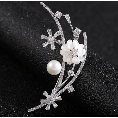 OKILY Classical Plum Flower Brooches for Women Pearl Brooch Pin Elegant Plant Floral Brooch Cloth Accessories Fashion Jewelry
